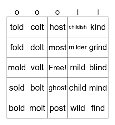 Glued Sounds (ost, old, olt, ild, ind) Bingo Card