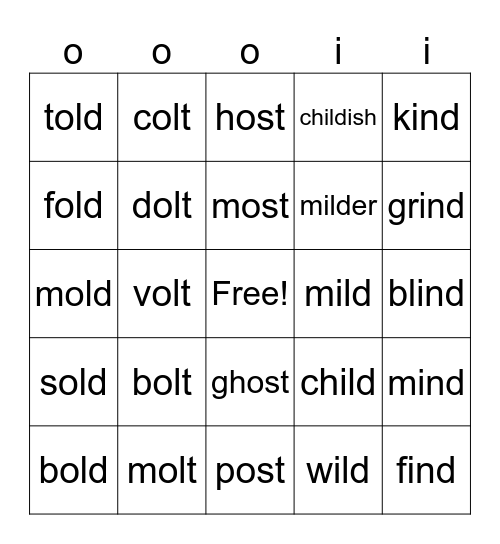Glued Sounds (ost, old, olt, ild, ind) Bingo Card
