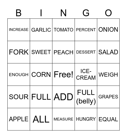 UNIT 5- TOPIC 1: MEALTIME Bingo Card