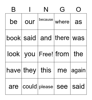 UFLI Heart Words Bingo Card