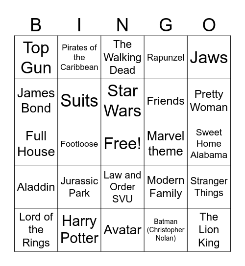 Movie and TV Themes Bingo Card