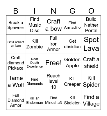 Minecraft Hardcore Bingo Card