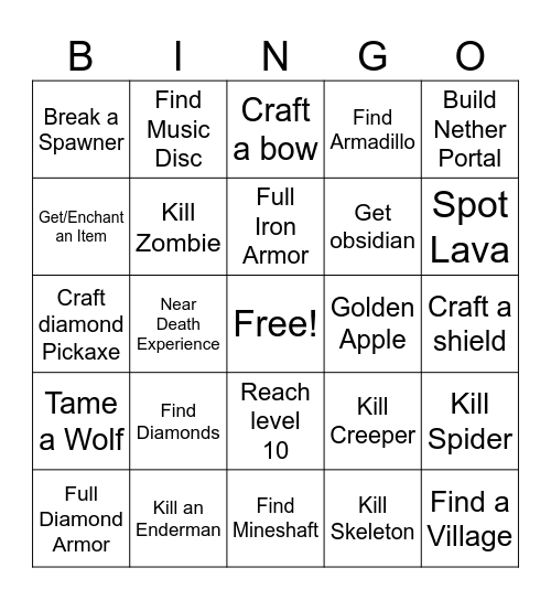 Minecraft Hardcore Bingo Card