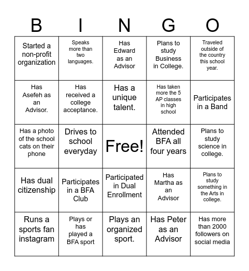 Senior Class BINGO Card