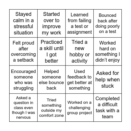 Bounce Back Bingo Card Bingo Card