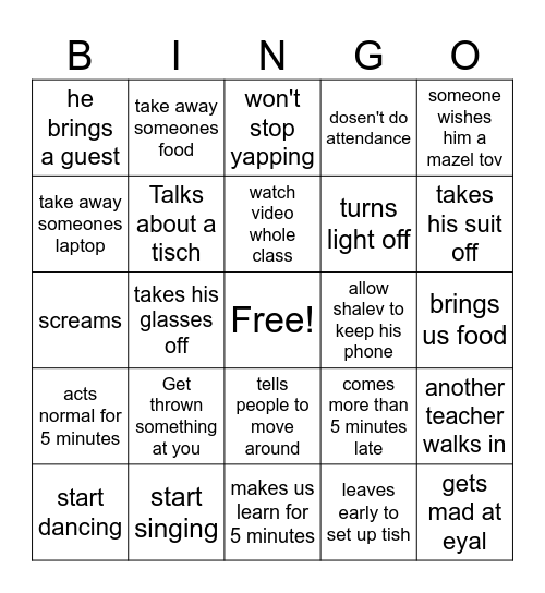 Class Predictions Bingo Card