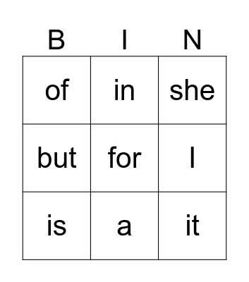 Heart Words - Kindergarten Bingo Card