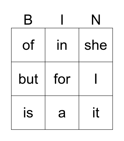 Heart Words - Kindergarten Bingo Card
