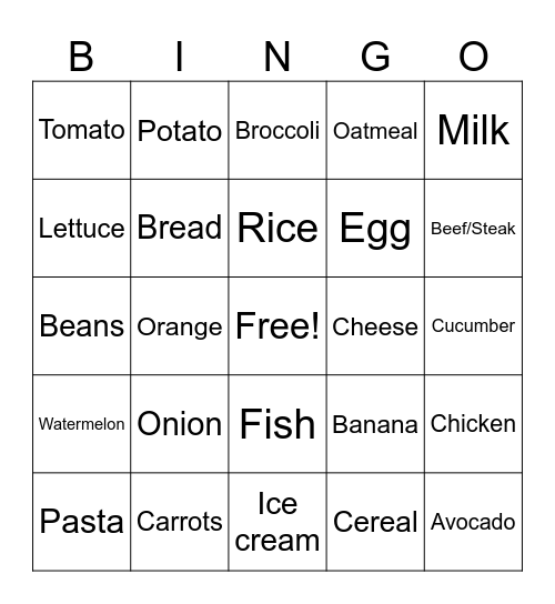 Food Bingo Card