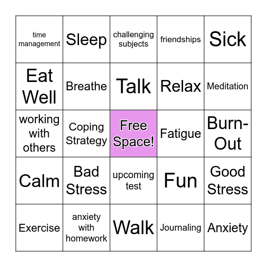 Stress Management Bingo Card