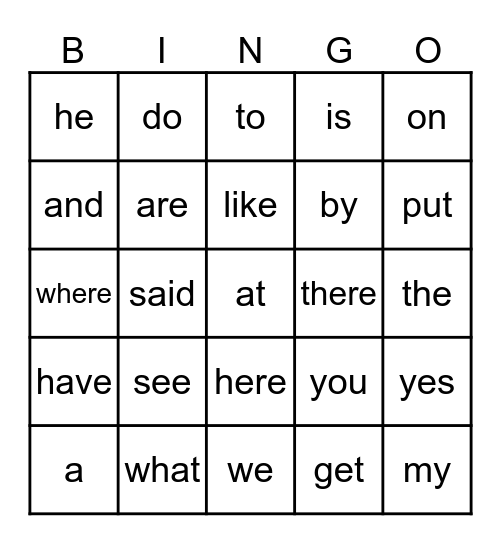 Kindergarten Site Words Bingo Card