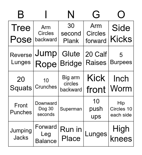Fitness Bingo Card