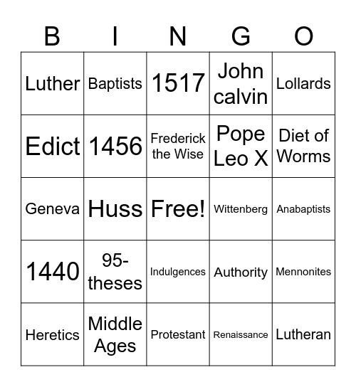 Reformation Bingo Card
