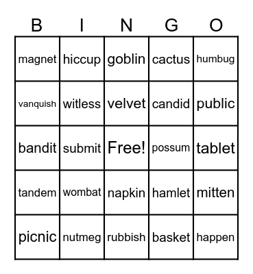 Syllabication Bingo Card