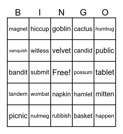 Syllabication Bingo Card