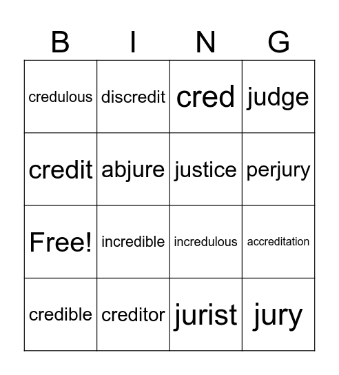 Cred & Jur, Jus, Jud Roots Bingo Card