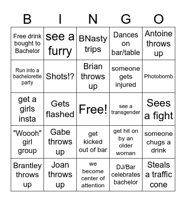Bachelor Weekend Bingo Card