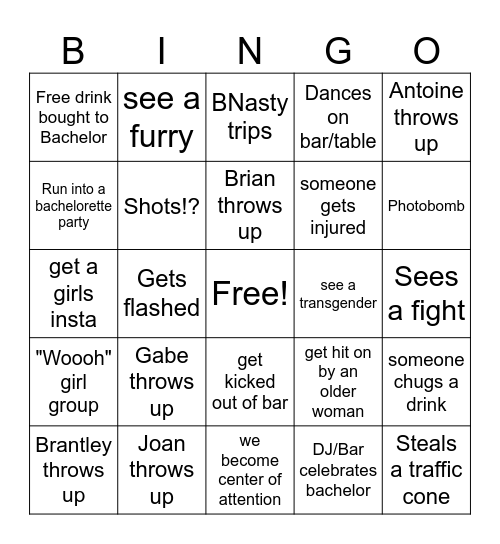 Bachelor Weekend Bingo Card