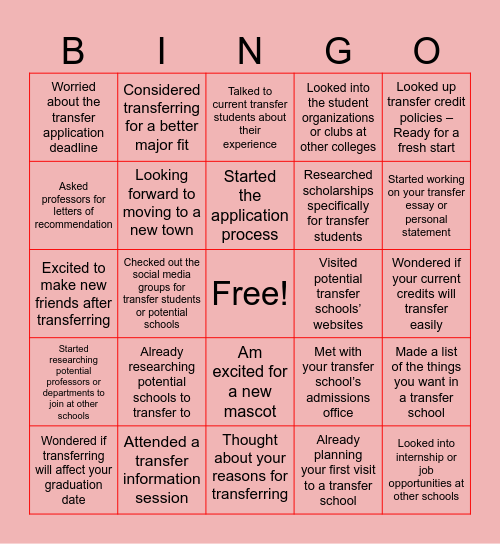 Transfer Student Bingo Card