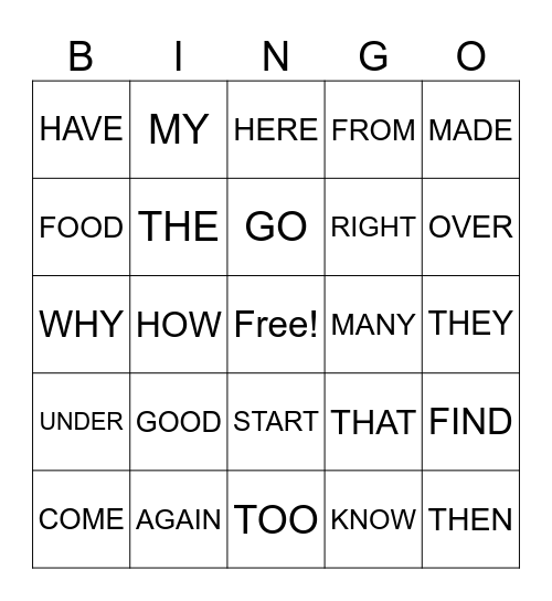 SIGHT WORD BINGO Card