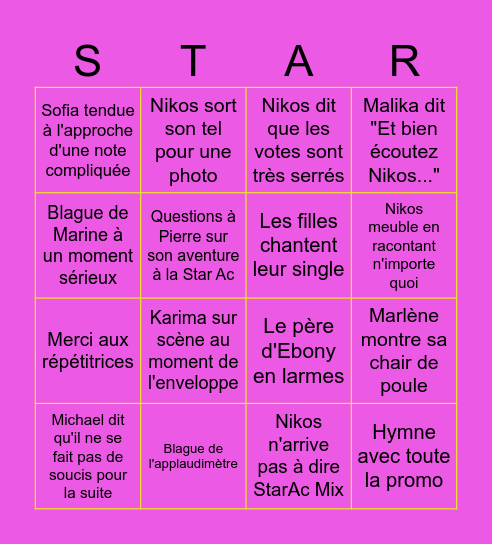 Finale Star Academy Bingo Card