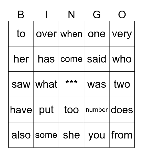 Trick Word Bingo Card