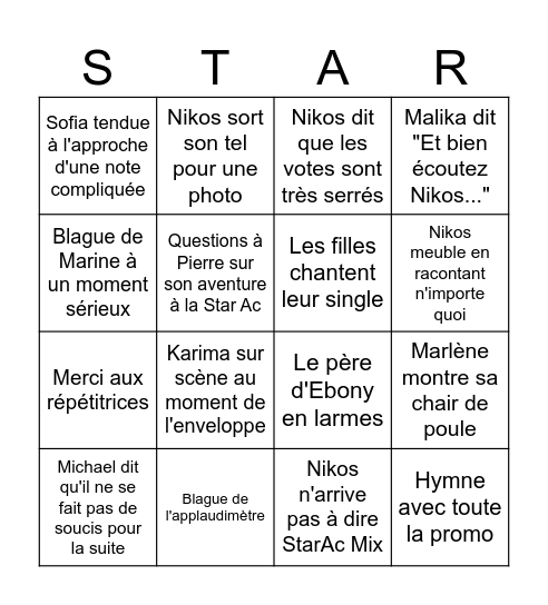 Finale Star Academy Bingo Card