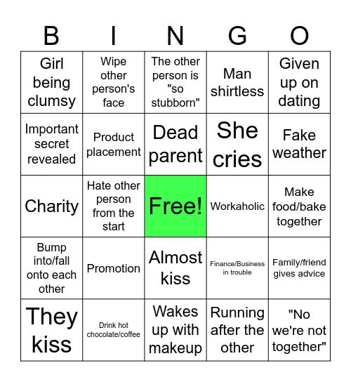 Rom Com Bingo Card