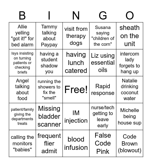 Short Stay Bingo! Bingo Card