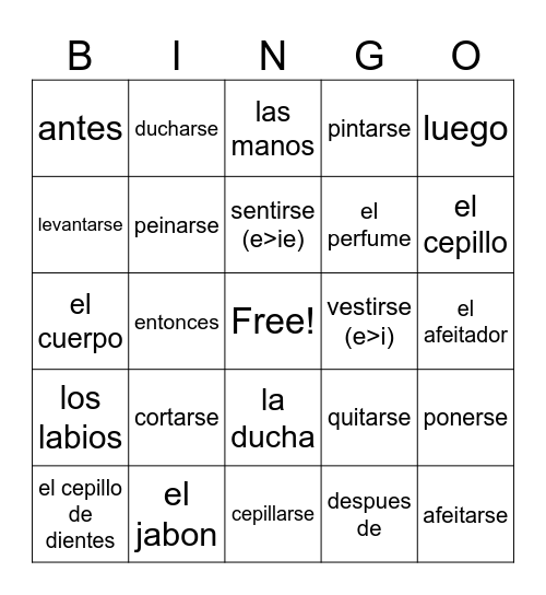 Verbos Reflexivos Bingo Card