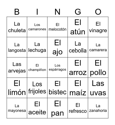 La comida Bingo Card