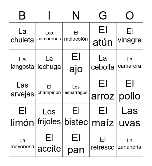 La comida Bingo Card
