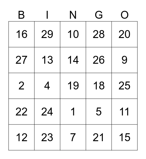 Number Bingo Card