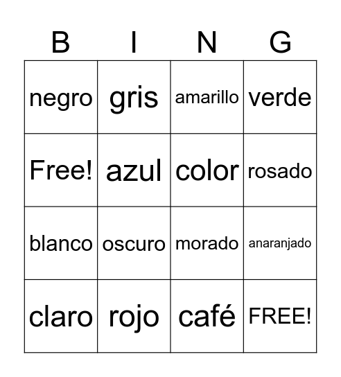 Los Colores Bingo Card