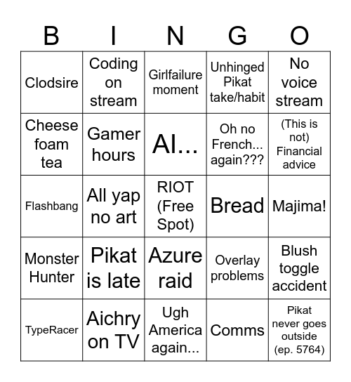 Pikat Stream Bingo Card