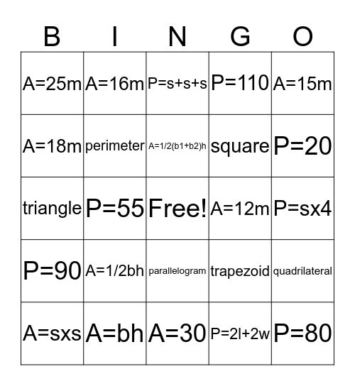 Area and Perimeter Bingo Card