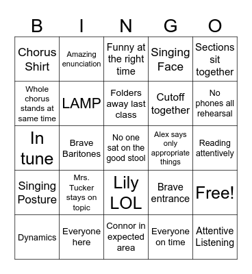 Varsity Chorus Bingo Card