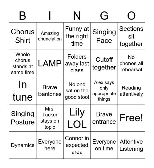 Varsity Chorus Bingo Card