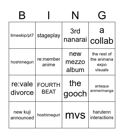 10th anni stream Bingo Card