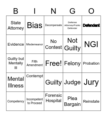 Competency Restoration Bingo Card