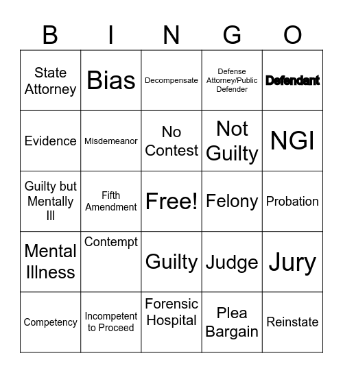 Competency Restoration Bingo Card
