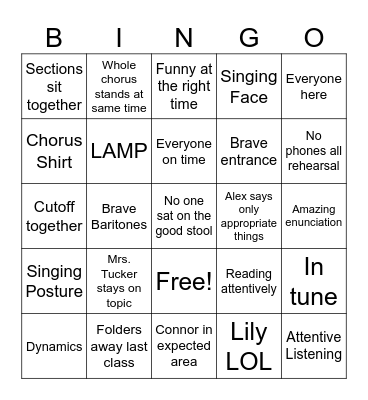 Varsity Chorus Bingo Card