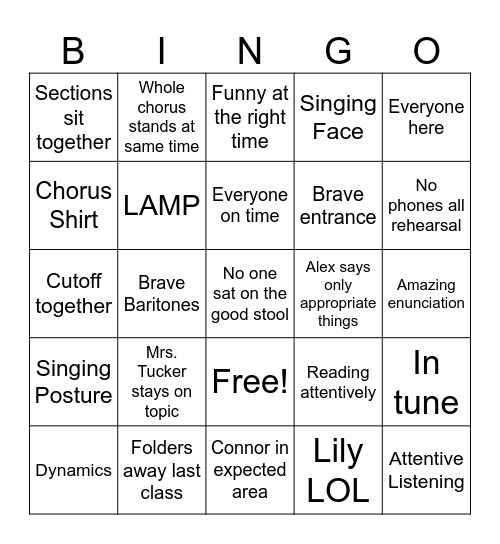 Varsity Chorus Bingo Card