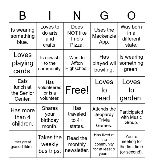 Mackenzie Resident Meet and Greet Bingo Card