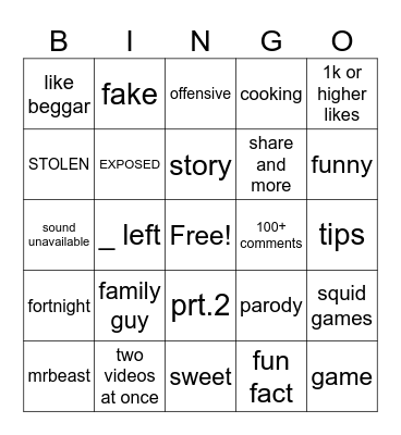 YouTube Bingo Card