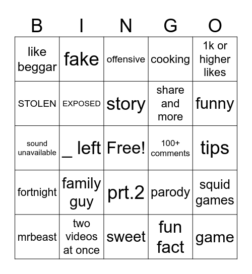 YouTube Bingo Card