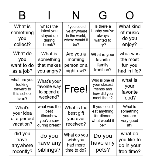 Get to know each other! Bingo Card