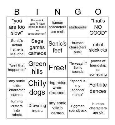 Sonic Movie Bingo Card