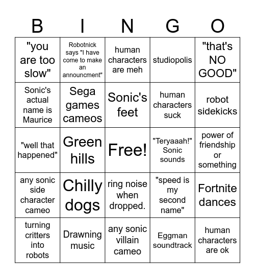 Sonic Movie Bingo Card