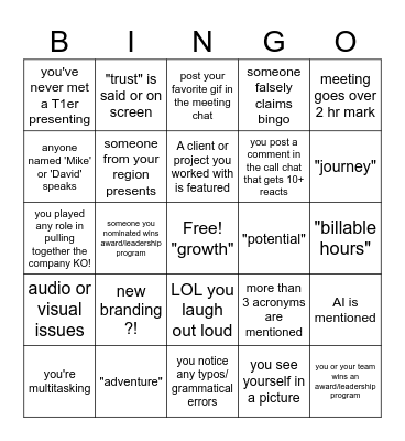 Company KO Bingo Card